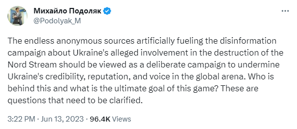 Tweet by @Podolyak_M from Jun 13. 2023